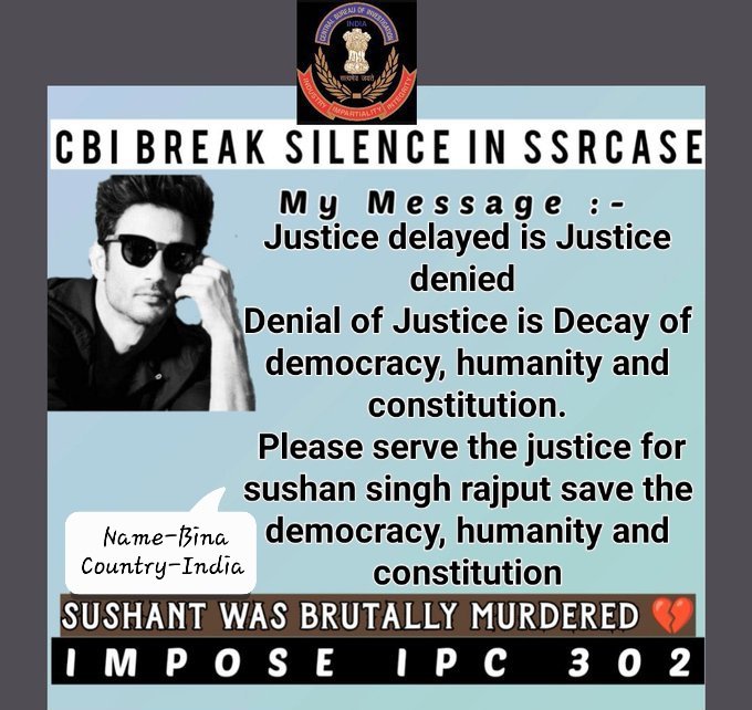 MTL
CBI SSR Ko Insaaf Do

Everything that is done in this world is done by hope.

CBI plz impose IPC sec 302.
Still there r lot of evidences which r pointing towards mu**er.

Where is CBI 2 teams?
What CBI concluded in recreation of Crime Scene at Mount Blanc?

@CBIHeadquarters