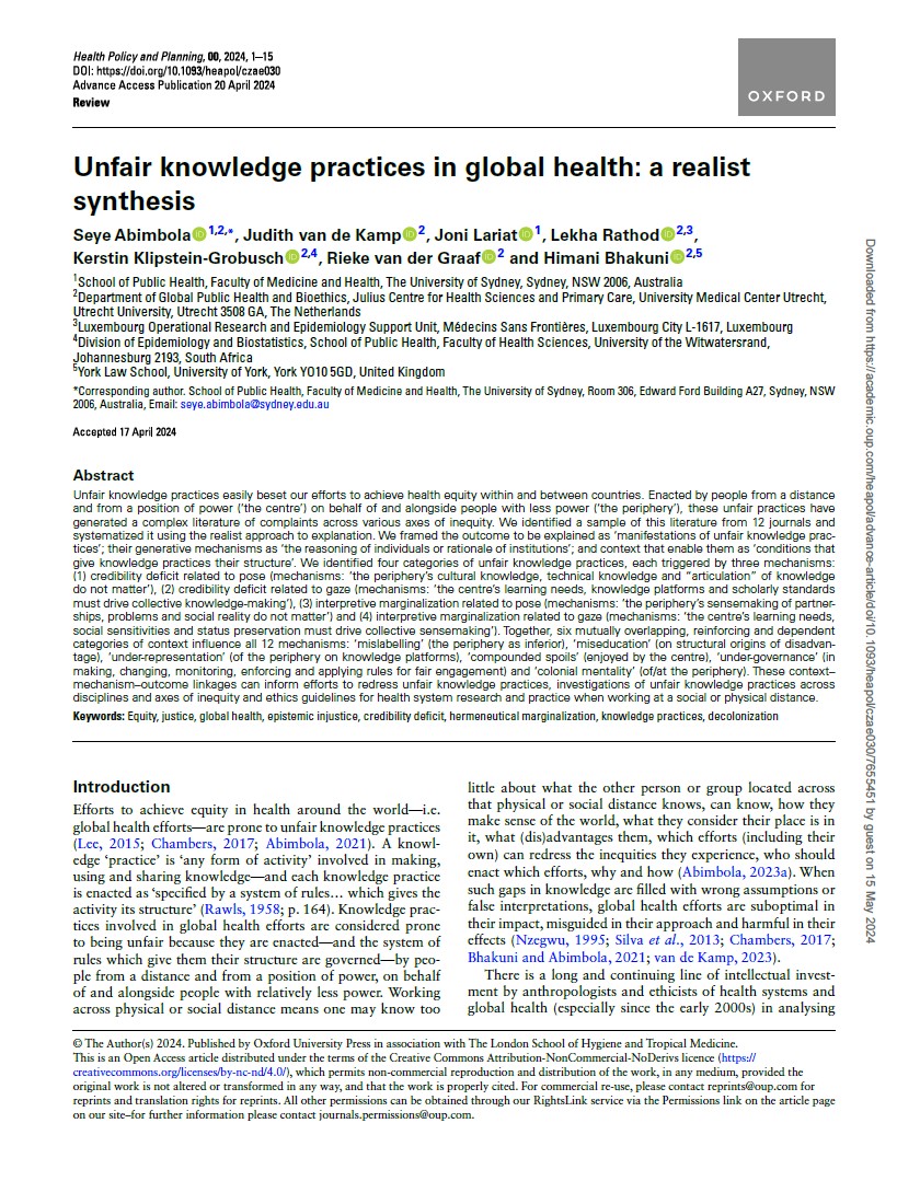 Unfair knowledge practices in global health: a realist synthesis academic.oup.com/heapol/advance… via @seyeabimbola et al