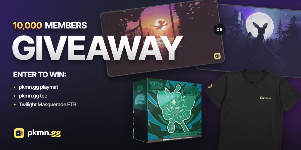 We are less than 200 away from reaching 10,000 pkmn.gg Members!

To celebrate, we're giving away:
⭐️1 Playmat
⭐️1 Shirt
⭐️1 ETB

To Enter:
✅Retweet
✅Reply with a link to your pkmn.gg profile

Winner announced when we reach 10K!