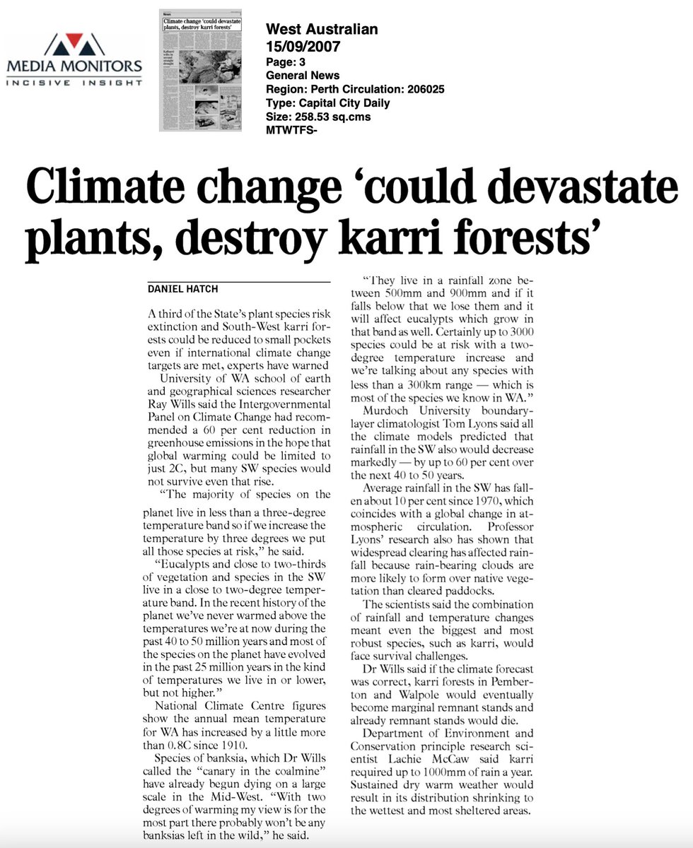 Losing the karri forest? WTF, that came out of the blue If only we'd some warning earlier, we might've acted with greater urgency Nup Climate change 'could devastate plants, destroy karri forests' West Australian 15/09/2007 Page: 3 General News Region: Perth Circulation: