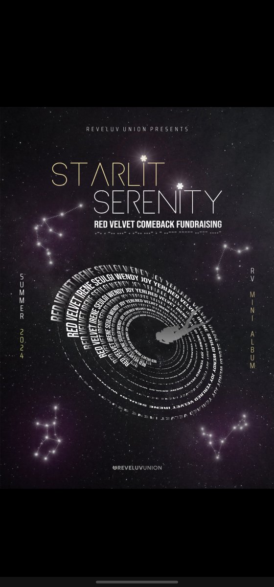 Join us as we prepare for Red Velvet's upcoming comeback! With JOY's keyword spoilers for the next comeback...'10th anniv, tremendous love, universe, planet' we came up with the fundraising theme 'Starlit Serenity.' Forms will open soon! 🩷💛💙💚💜 @RVsmtown #RedVelvet