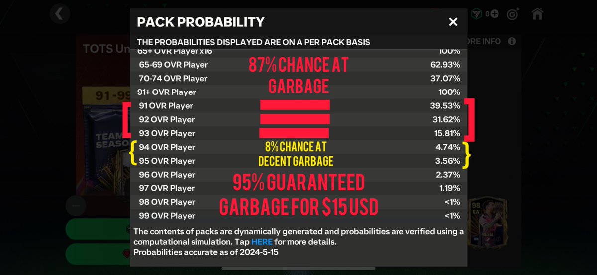 🚨🚨🚨 If you’re wondering if it is worth trying to open these 1500 FC point packs, don’t look at the icons or 98 rated TOTS Players. Look at the “probability” section and realize that these packs are a complete scam.