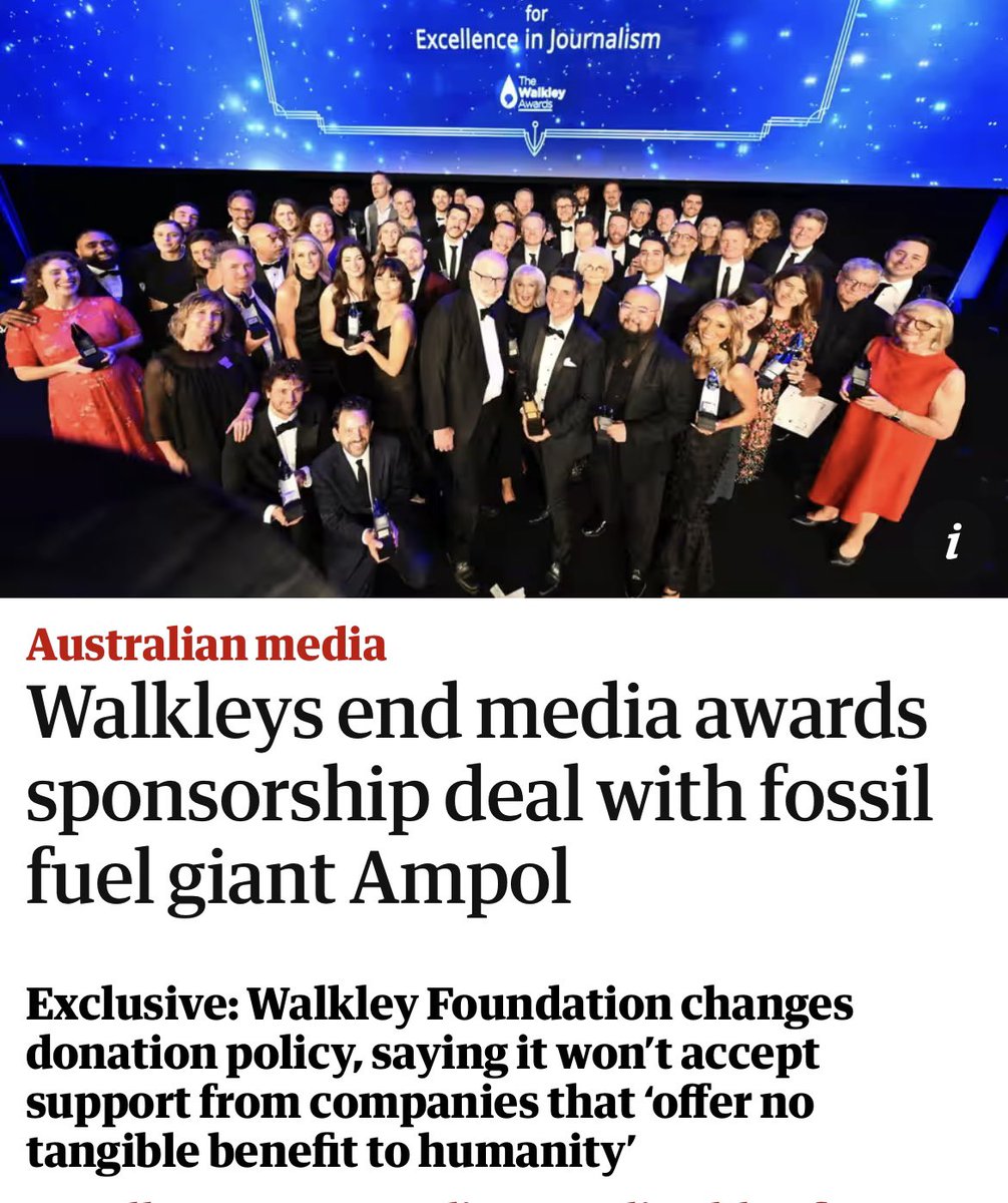 Amazing!! The Walkley Foundation will not renew its major sponsorship deal with fossil fuel giant Ampol Thanks for your leadership @jonkudelka @CommsDeclare @firstdogonmoon @FionaKatauskas @GoldingCartoons @GlenLeLievre & others! ✊🏼 And thanks @walkleys theguardian.com/media/article/…