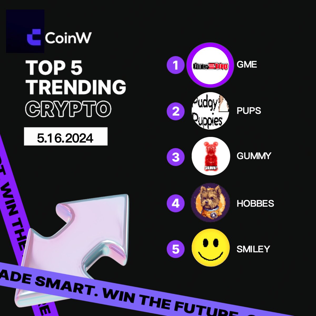 Our Top 5 Trending #Crypto chart: $GME, $PUPS, $GUMMY, $HOBBES, and $SMILEY are making waves! 🌊 What's on your trading radar today? Share your picks! 👇