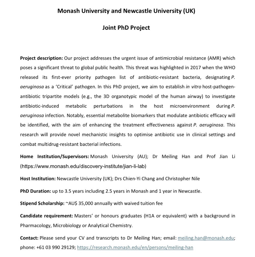 Meiling Han (@drmeilinghan) on Twitter photo We are recruiting a PhD candidate for a Monash-Newcastle (UK) joint PhD project. You will have the opportunity to study in Monash for 2.5 years and in Newcastle for 1 year. Please reach out! <a href="/MonashBDI/">Monash Biomedicine Discovery Institute</a> <a href="/monashmicro/">monash micro</a> We are recruiting a PhD candidate for a Monash-Newcastle (UK) joint PhD project. You will have the opportunity to study in Monash for 2.5 years and in Newcastle for 1 year. Please reach out! <a href="/MonashBDI/">Monash Biomedicine Discovery Institute</a> <a href="/monashmicro/">monash micro</a>