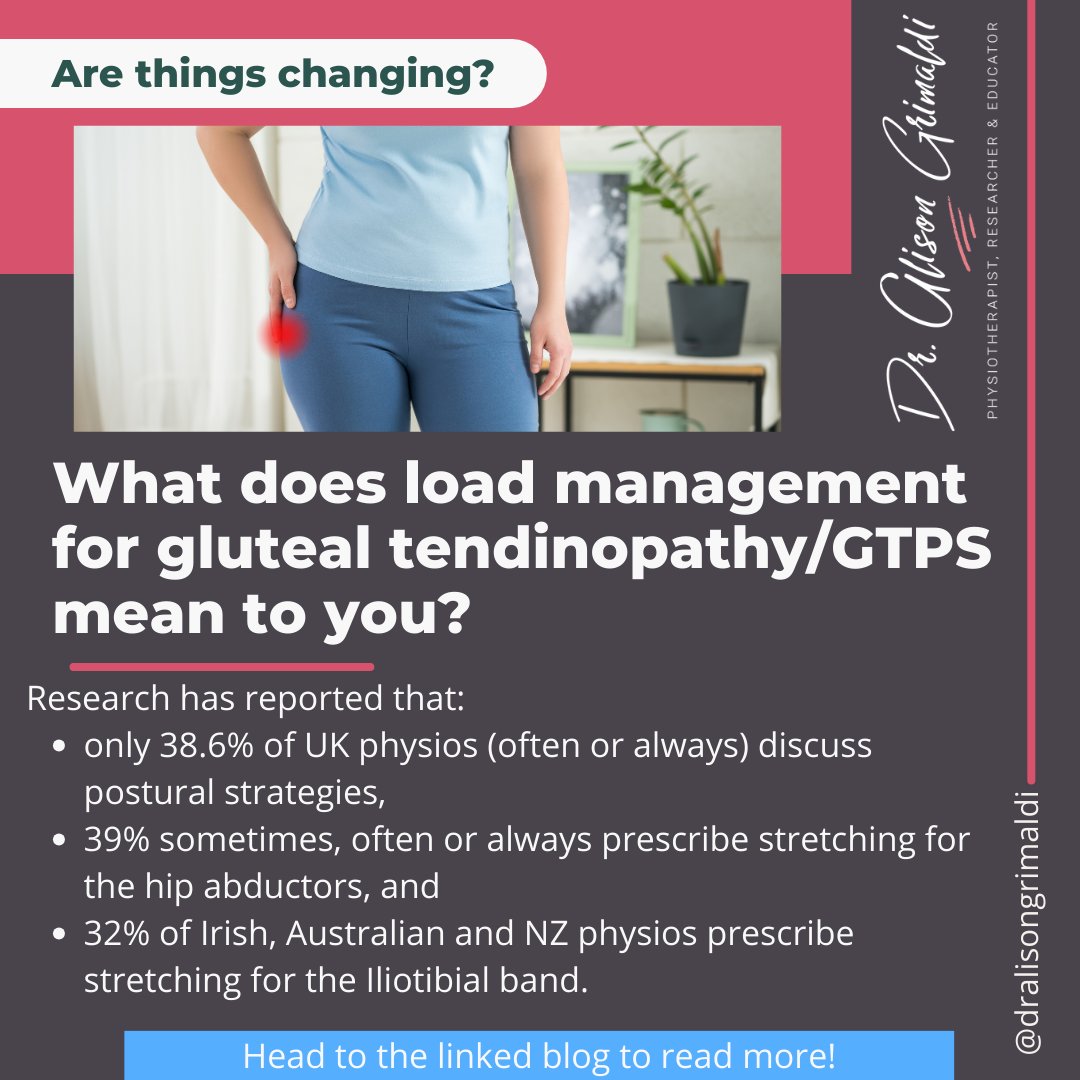 👩‍⚕️ Surveyed physiotherapists in UK, Ireland, AU & NZ offer 'load management advice' for #GTPS, but may still prescribe ITB stretching & may not address postural strategies. 'Load management' approaches can be quite variable. LINK: dralisongrimaldi.com/blog/how-physi…