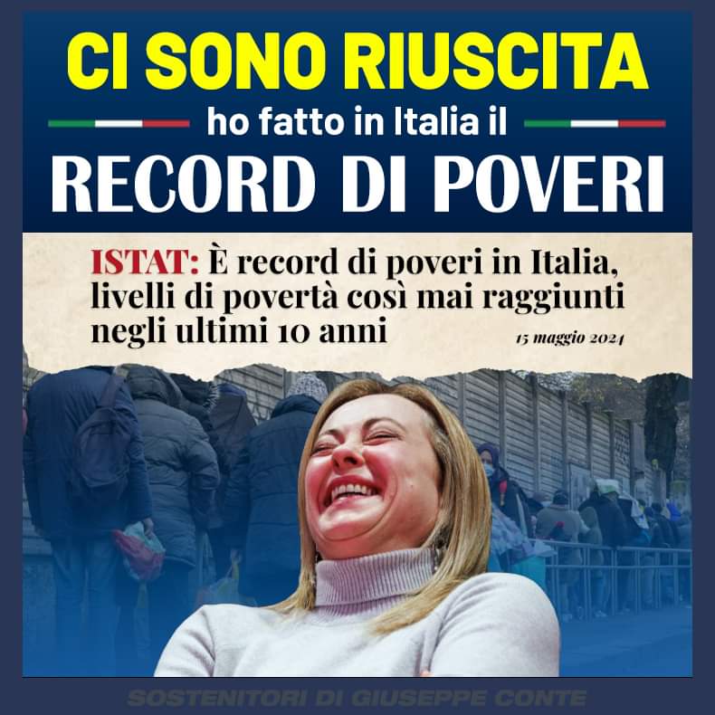 🔴 Ci è riuscita, ora può brindare: la patriota ha portato il record di povertà assoluta in Italia, livelli così di povertà non si toccavano da 10 anni a questa parte, cioè dal tragico governo Monti 🤦 ma che strano, anche quel governo era votato e appoggiato sempre da lei.