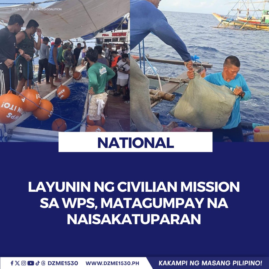 Ipinagmalaki ng Atin Ito Coalition na naisakatuparan nila ang mga pangunahing layunin ng kanilang misyon sa West Philippine Sea (WPS). | via Lea Soriano-Rivera

Basahin: dzme1530.ph/layunin-ng-civ…