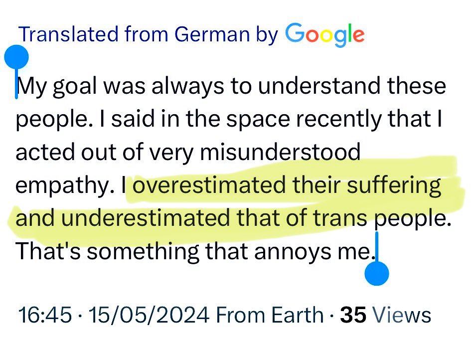 Been reading a fascinating German conversation  by women who have left the (their words) GC Cult/Sect . 

Some quotes  below., but particularly telling:

“I acted out of very misunderstood empathy. I overestimated their suffering and underestimated that of trans people@.