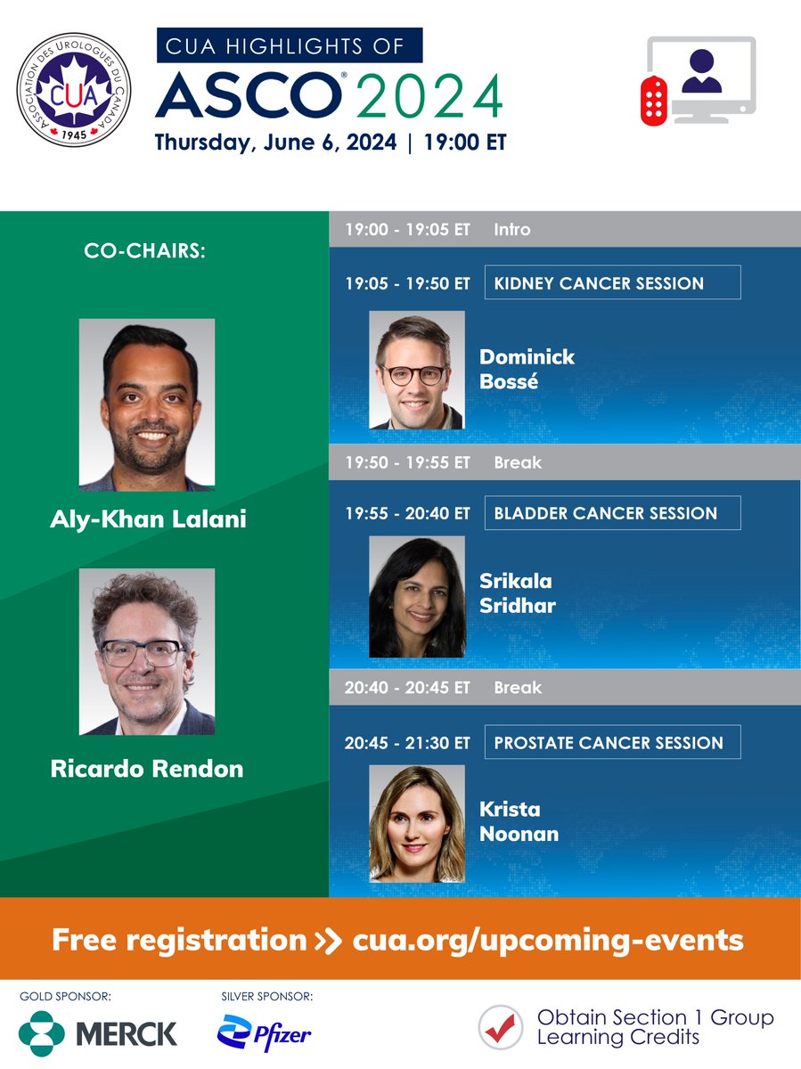 JOIN US FOR THIS EVENT! #CUAWebinar CUA Highlights of ASCO 2024 Co-chairs: @lalaniMD & @RicardoARendon Speakers: @Dominick_Bosse, Krista Noonan & @kalasri3 Registration is free: cua.org/event/28989