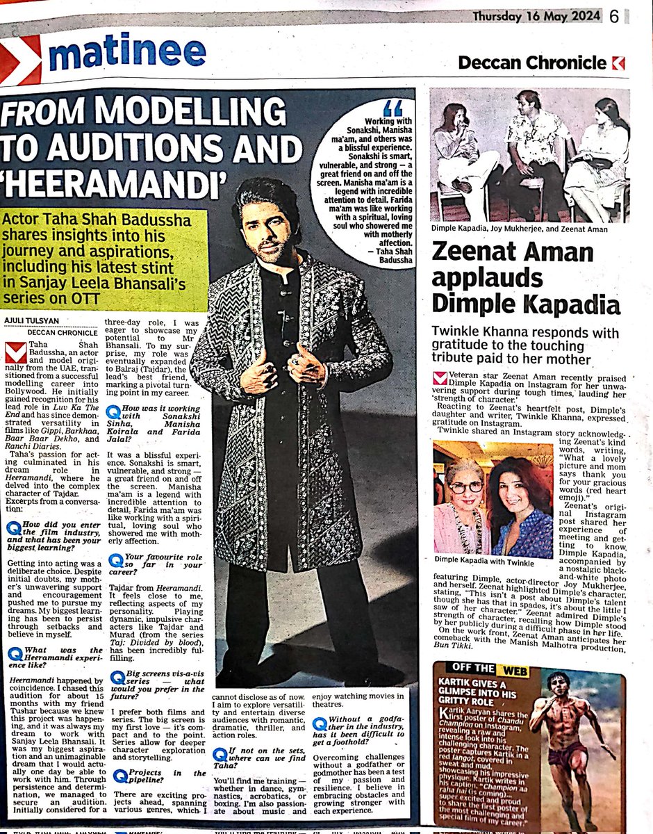 A chit-chat with Taha Shah Badussha...in today's edition of Deccan Chronicle. #tahashahbadussha #heeramandi #actor #bollywoodcelebrity