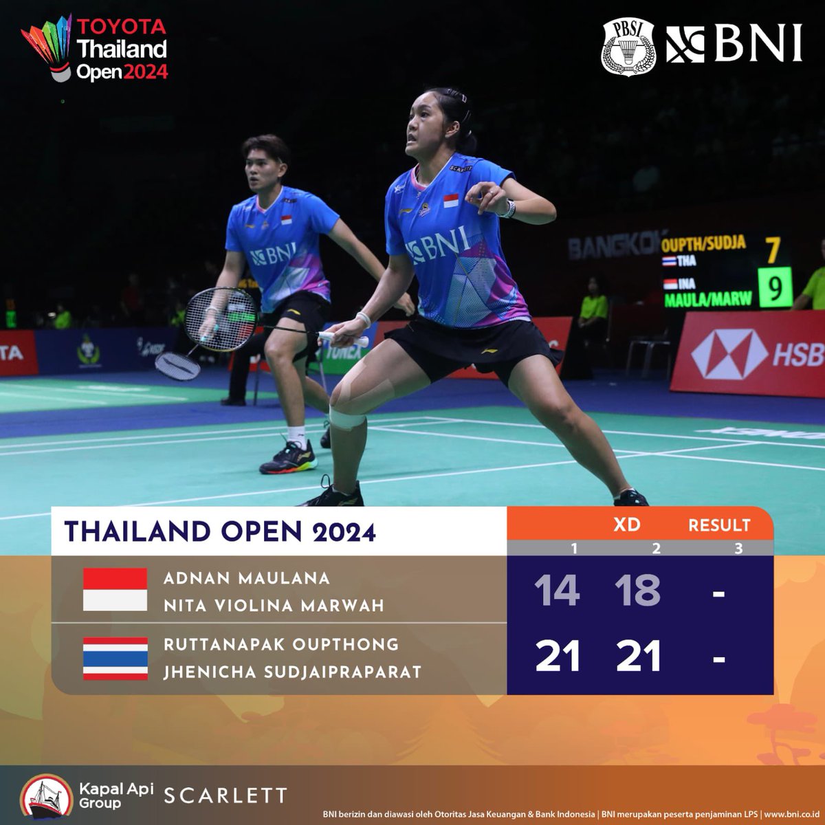 Adnan/Nita diadang wakil Thailand, Oupthong/Sudjaipraparat di 16 besar Thailand Open 2024.

Tetap semangat, bangkit lebih kuat! 🔥🇮🇩

#ThailandOpen2024
#KitaIndonesia
#BadmintonIndonesia #MenjagaMerahPutih  #BNIGlobalReachIndonesianPride