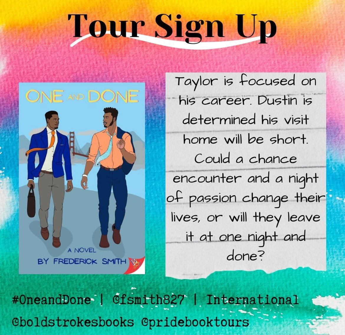 Bookstagram & BookTok! @pridebooktours is looking for reviewers for an online tour of my forthcoming novel One and Done: pridebooktours.blogspot.com/2024/05/tour-s… One and Done, a Black, Queer, Higher Ed, Bay Area romance novel out 6/11/24 on @boldstrokebooks. #lgbtqbooks #mmromance #pride 📚🌈