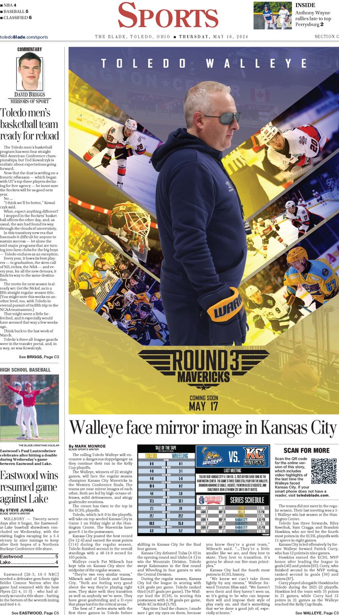 Friday will be opening night of the next @ToledoWalleye blockbuster. 🎬 Coach Pat Mikesch and his crew of 'icemen' welcome the Kansas City Mavericks to town. The Fish look to keep flying high. ✈️ Read today's edition: eblade.toledoblade.com/pf3 @APSE_sportmedia