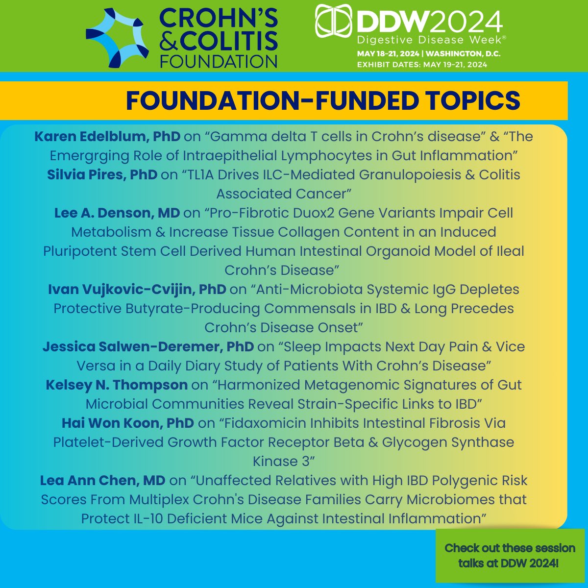 Congrats to the 10+ oral presentations at @DDWMeeting funded by @CrohnsColitisFn awards 🚀 🧫🧬 🛌 🦠