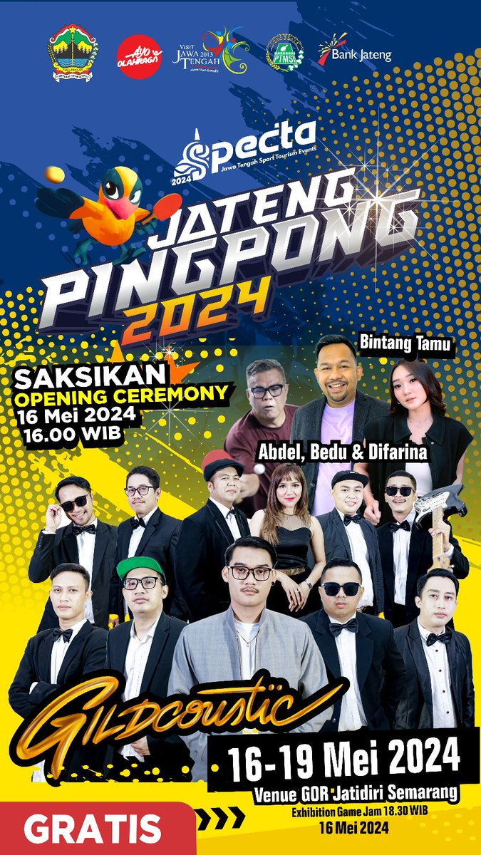 Jateng Pingpong 2024 #Specta2024 
Opening Ceremony:
🗓️ Kamis, 16 Mei 2024, 16.00 WIB
#JatengPingpong2024
#JelajahJatengSekarang
#sporttourism
