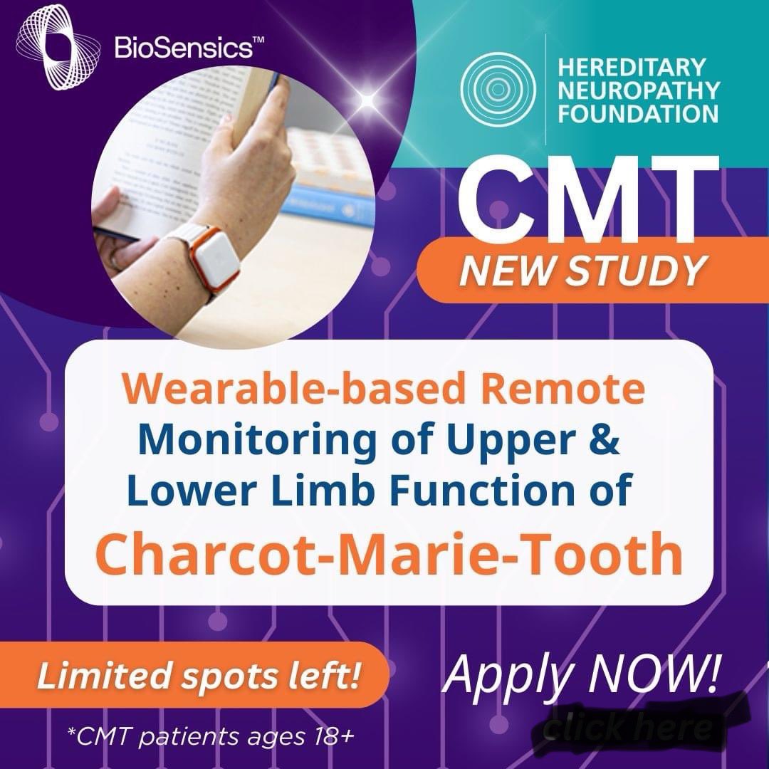 Join us June 7-8th and be a part of this new technology for #CMT patients!! In partnership with BioSensics, HNF is offering a wearable-based remote monitoring of upper and lower limb function of #CharcotMarieToothDisease. @BioSensics   hnf-cure.org/research/digit…
