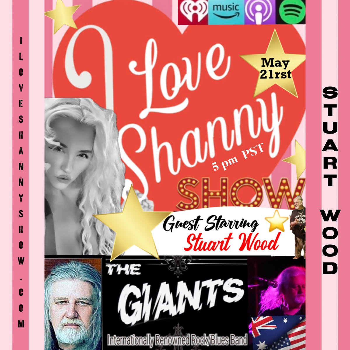 📣Tuesday May 21rsts✨ ❤️Episode Of...✨ ❤️I Love Shanny Show❤️ ❤️Airing At 5pm PST✨ ⭐️GUEST STARRING⭐️ 🎸Stuart Wood🎸 🎶Of... The Giants🎶 🤘Joins Me🤘 🥁From All The Way🥁 ✨🇺🇸Across The Pond🇦🇺✨ 🎉For An Entertaining Hour🎉 🔥You Won't Wanna