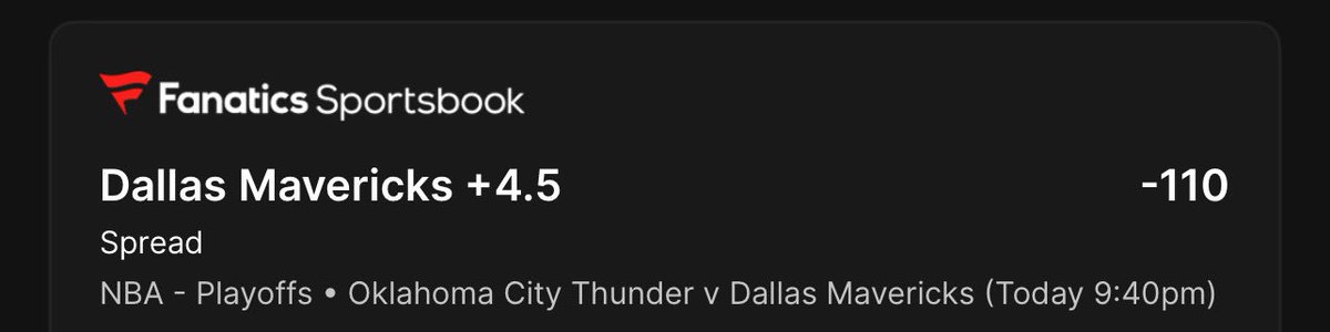 FREE PLAY 🚨💣 

DALLAS MAVERICKS +4.5 

#NBAPlayoffs    #NBA    #GamblingTwitter #mrtakeriskbets #GAMBLING   #GamblingX    #sportsbettingpicks #GamblingCommunity #SportsBettingX   #Road2Gold #thunderup #onefordallas