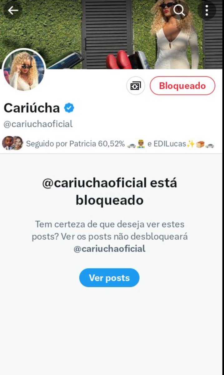 Mutirão pra bloquear @cariuchaoficial  
Quem bloqueia  tira print e posta aqui 
Não vamos da engajamento pra essa cobra.