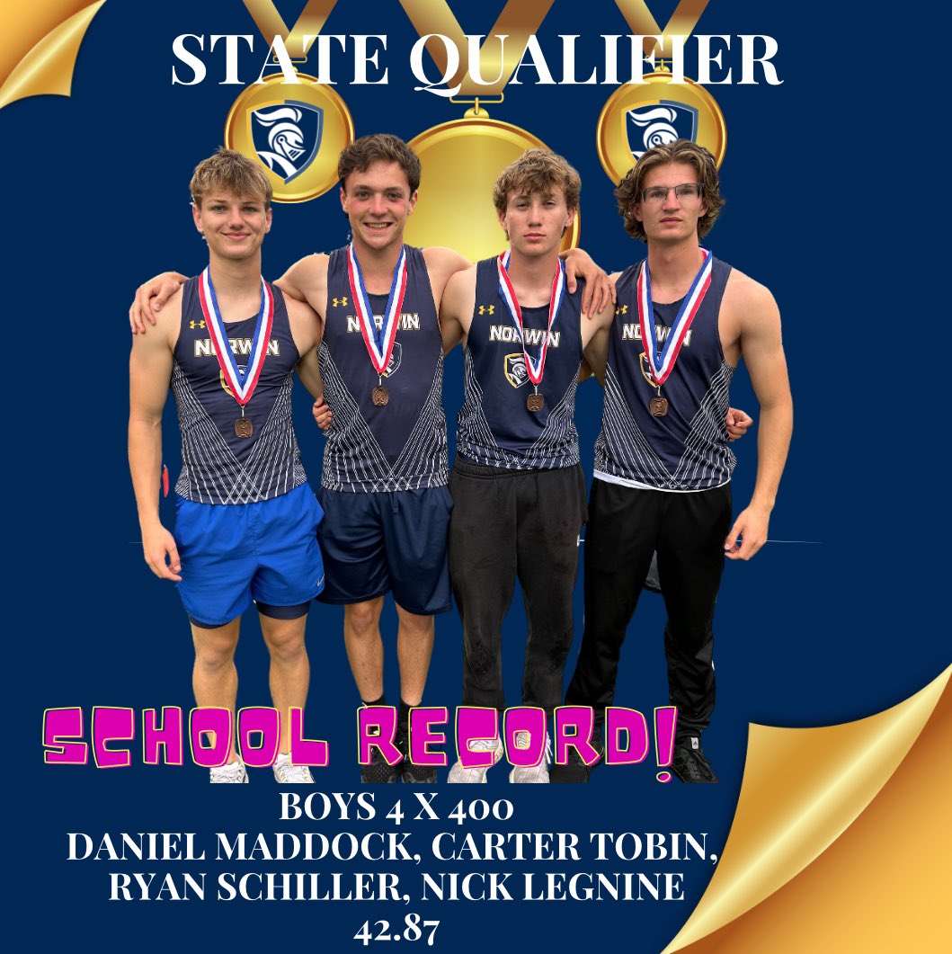 NorwinXC's tweet photo. Boys 4 x 100 Relay with state qualifying 4th place finish and NEW SCHOOL RECORD!!!
Off to the 🚢!! https://t.co/YpGI151FXV