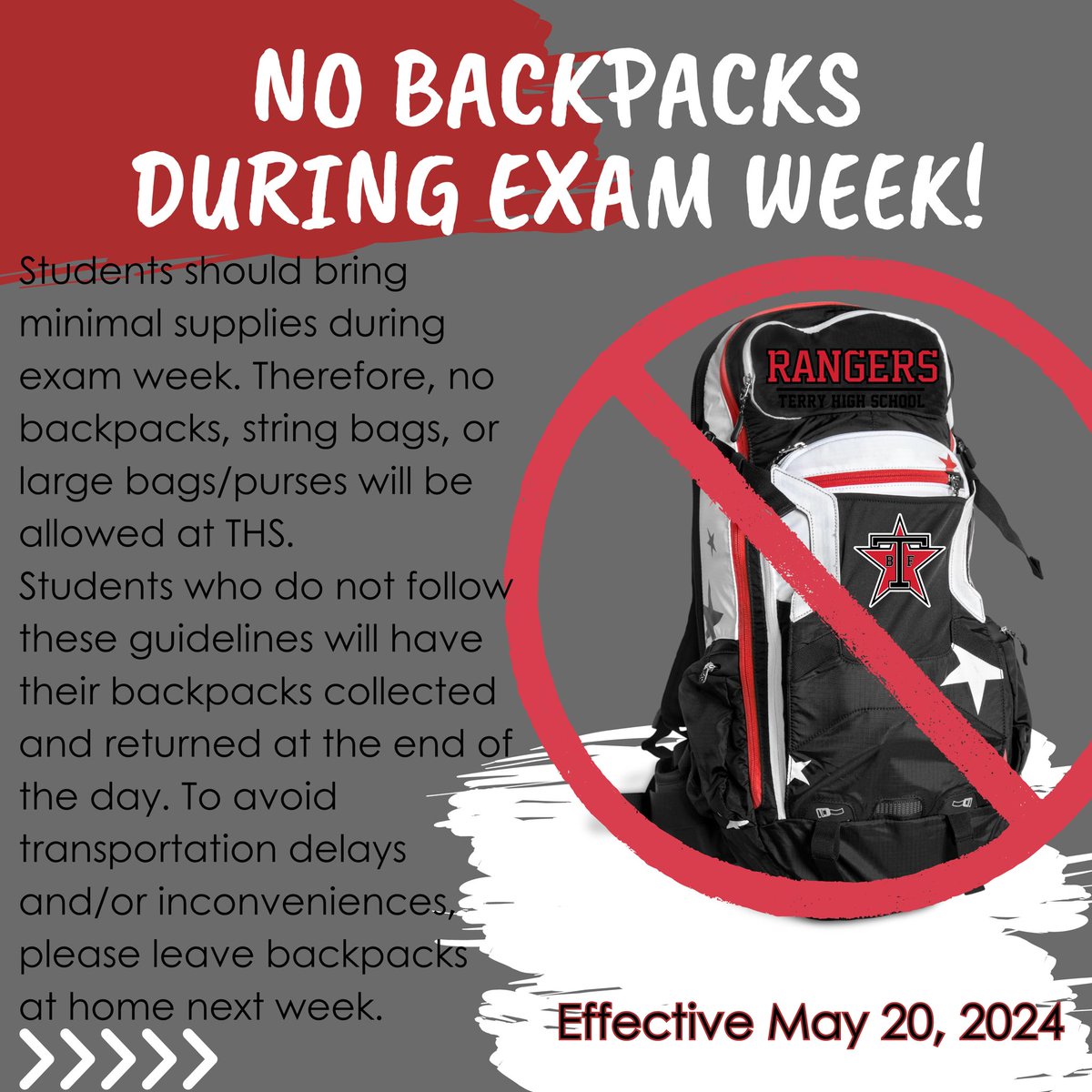 Starting Monday, no backpacks will be allowed on campus. Please see the information below for details. In 2024-25, only clear/mesh backpacks will be allowed on campus.