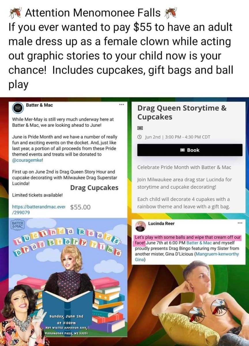 A bakery in Wisconsin is holding an all ages d*ag event and is bribing kids to come by offering free cupcakes. The d*ag queen who’s performing for kids has a public social media page with graphic s*xual content. This is how desperate they are to groom your kids.