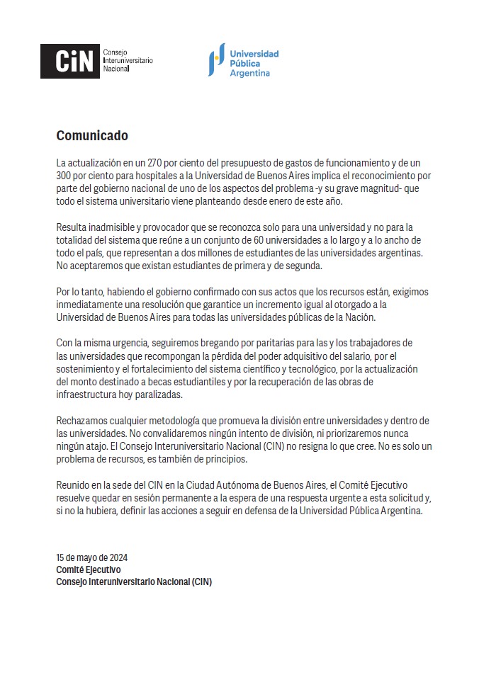 Comunicado del Consejo Interuniversitario Nacional <a href="/CINoficial/">CIN</a> sobre la actualización presupuestaria de las universidades públicas nacionales.