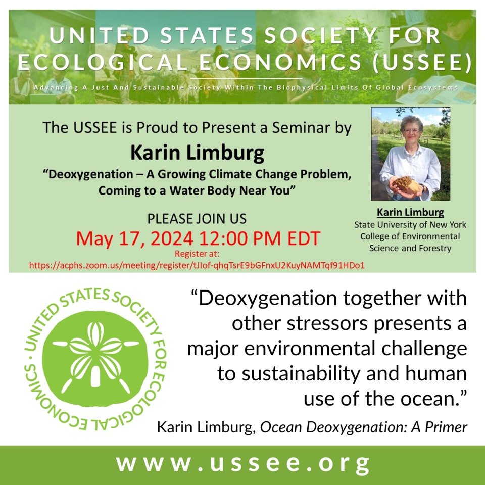 Please join us this Friday, May 17th at 12pmET/9amPT for our upcoming webinar with Karin Limburg. 
This event is free, but registration is required, link below.

#ussee #ecologicaleconomics
acphs.zoom.us/meeting/regist…