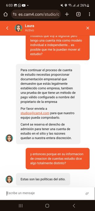 @Cam4  estuve tratando de crear una cuenta estudio lo cual no fue posible por parte de una moderadora<a class="tags" href="/tag/cam4">@cam4</a>