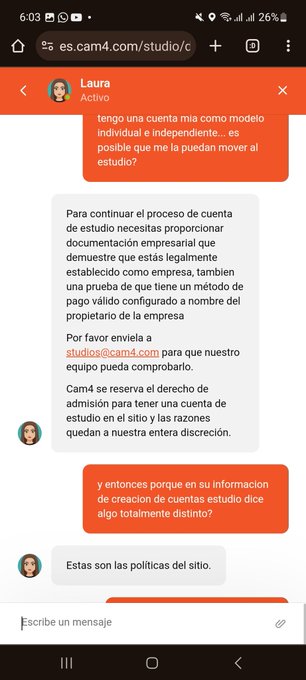 @Cam4  estuve tratando de crear una cuenta estudio lo cual no fue posible por parte de una moderadora<a class="tags" href="/tag/cam4">@cam4</a>