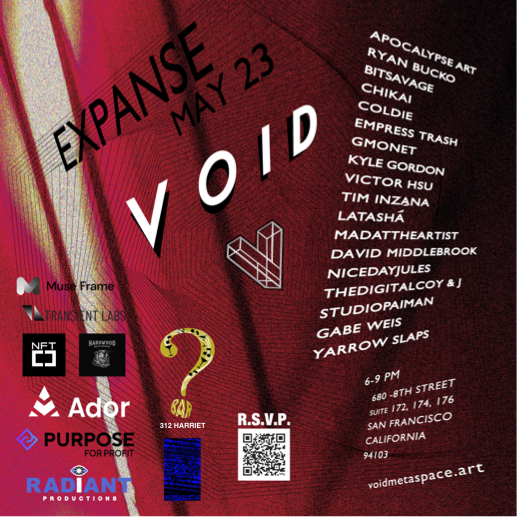 🧵1/ Excited to announce that "Expanse", a group contemporary art exhibition at the <a href="/voidmetaspace/">voidmetaspace</a>
in San Francisco is opening to the public on Thursday, May 23rd from 6-9pm U.S. Pacific.

RSVP to join via the <a href="/eventbrite/">Eventbrite</a> link below in thread

Artists include:
<a href="/Coldie/">Coldie</a>