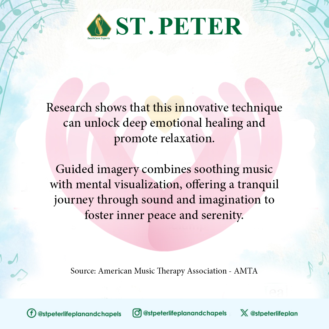 Did you know that Guided Imagery and Music Therapy have the power to take you on a journey of self-discovery and healing?

Guided Imagery combined with the power of Music Therapy can work wonders for your mind, body, and soul.

#StPeterLifePlanandChapels
#MusicTherapy