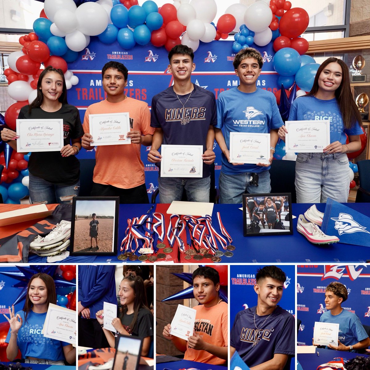 Americas High School had five student-athletes sign their letters of intent today to play sports and further their education at West Virginia Wesleyan College, Rice University, Western Texas College, Bethel College, and the University of TX at El Paso. Congrats, Trailblazers!