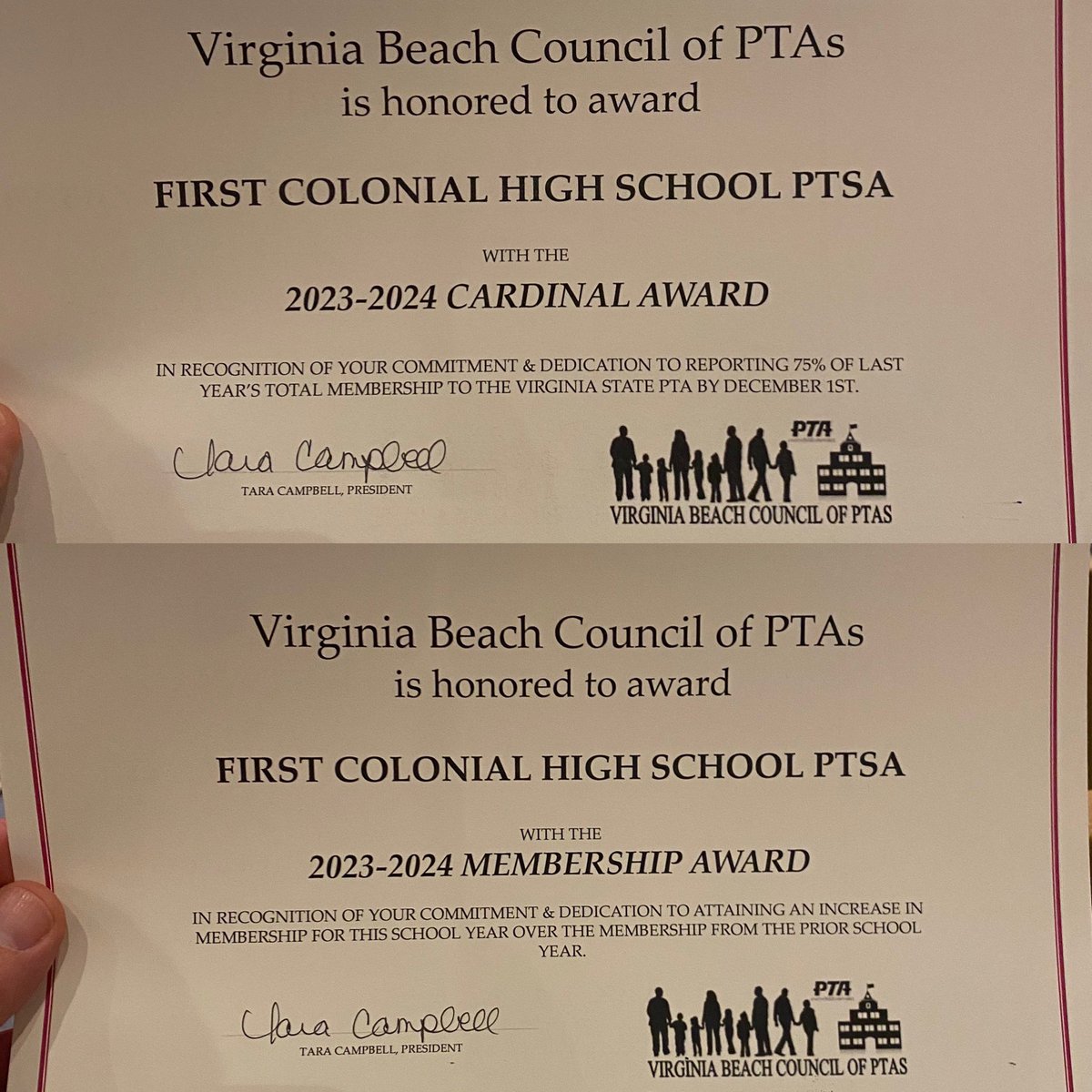 Grateful for the @FirstColonialHS PTSA for being recognized at the annual PTSA meeting for increasing our parental involvement and overall membership! #WeRFC #PatriotPride