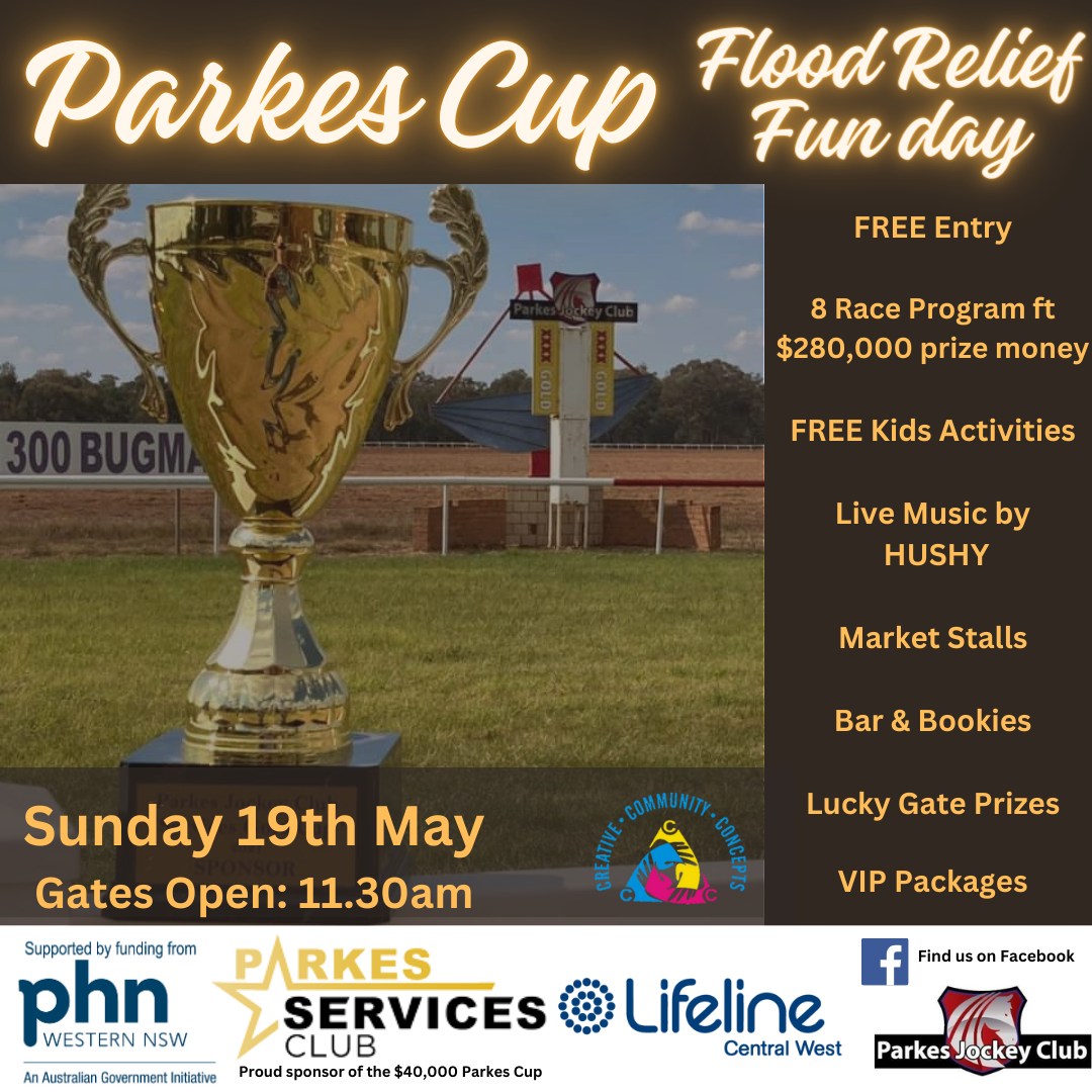 Parkes Jockey Club's Flood Relief Fun Day is being held on Sun 19 May! 📖 8 Race Program 🏰 Free Kids Activities ⛳ Party Planet 🎨 Face Painting 🎶 Live Entertainment 🛍️ Community Market Stalls 🍔 On-course Catering 🍻 Bar & Bookies Available 🎁 Lucky Gate Prizes See you there!