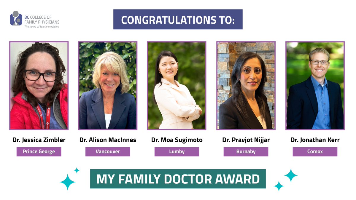 First up in the #BCCFPAwards24 announcements: this year's patient-nominated My Family Doctor Award recipients🎉 Your dedication to family medicine & patient care is outstanding - made evident through the words of your patients. bccfp.bc.ca/awards #CelebratingFamilyMedicine
