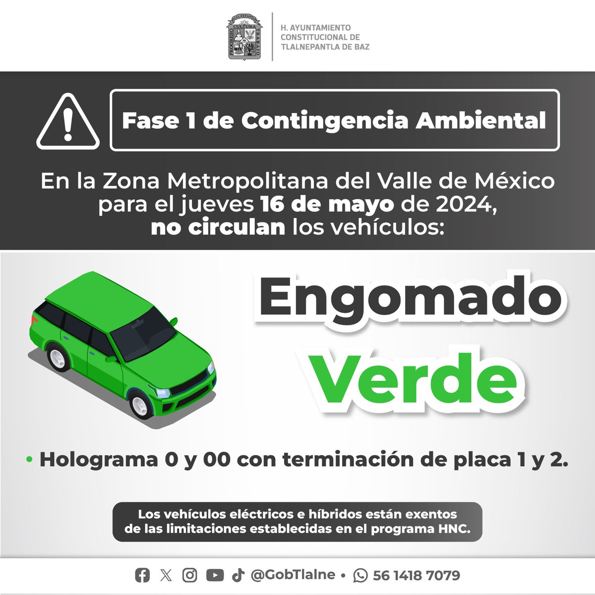 Informa la @CAMegalopolis que se mantiene la #ContingenciaAmbiental, para este 16 de mayo, debido a las altas concentraciones de ozono en la #ZMVM, por lo que se aplica el Programa #HoyNoCircula a los vehículos con engomado verde, holograma 0 y 00 con terminación de placa 1 y 2.