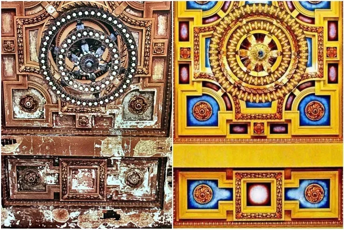A striking contrast in these two Roy Inman photos of Grand Hall's ceiling. First, shown in the early 1990s as the Station sat empty and in disrepair, under threat of demolition. Then, as you see it today following the Station's renovation and November 1999 reopening.