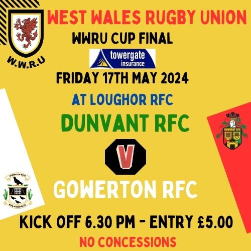 @DunvantRFC V @gowertonrfc at @LoughorRFC Friday 17th May, West Wales Rugby Union Cup Final. (Parking is available at Gower College opposite Loughor RFC) @AllWalesSport @WRU_Community @JamiePhotos_