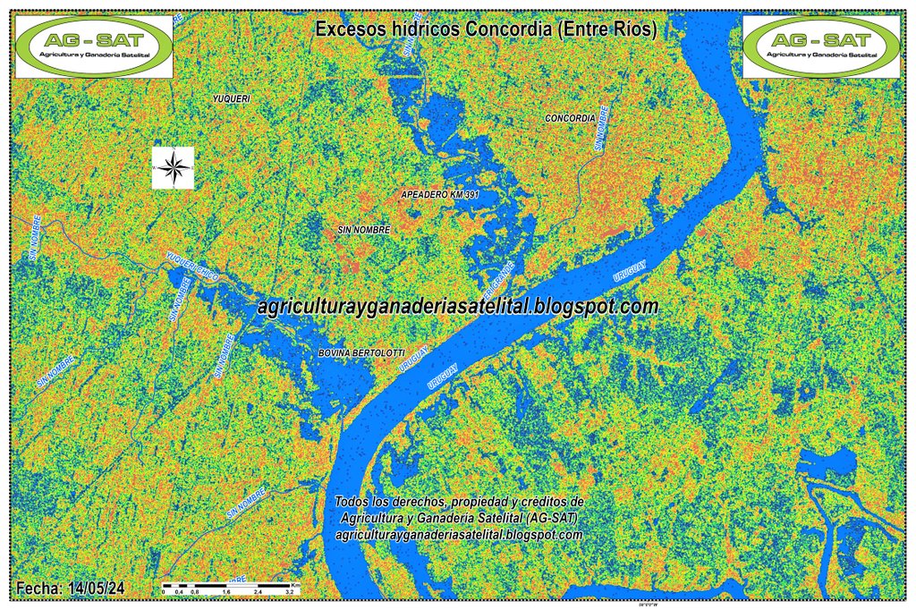 Floods over #Argentina and #Uruguay along the #UruguayRiver and location of #Concordia, #EntreRíos province. 
Data acquired 14/05/24 🌊⛈️