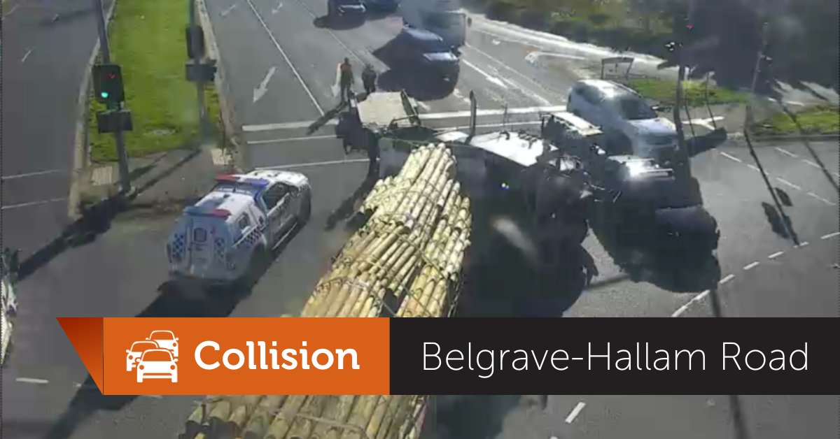 Three southbound lanes blocked on Belgrave-Hallam Road, Hallam at the Monash Freeway, due to a collision. Right turning lanes also blocked northbound at the intersection. Please follow the direction of @VictoriaPolice and be patient when travelling in the area. #victraffic