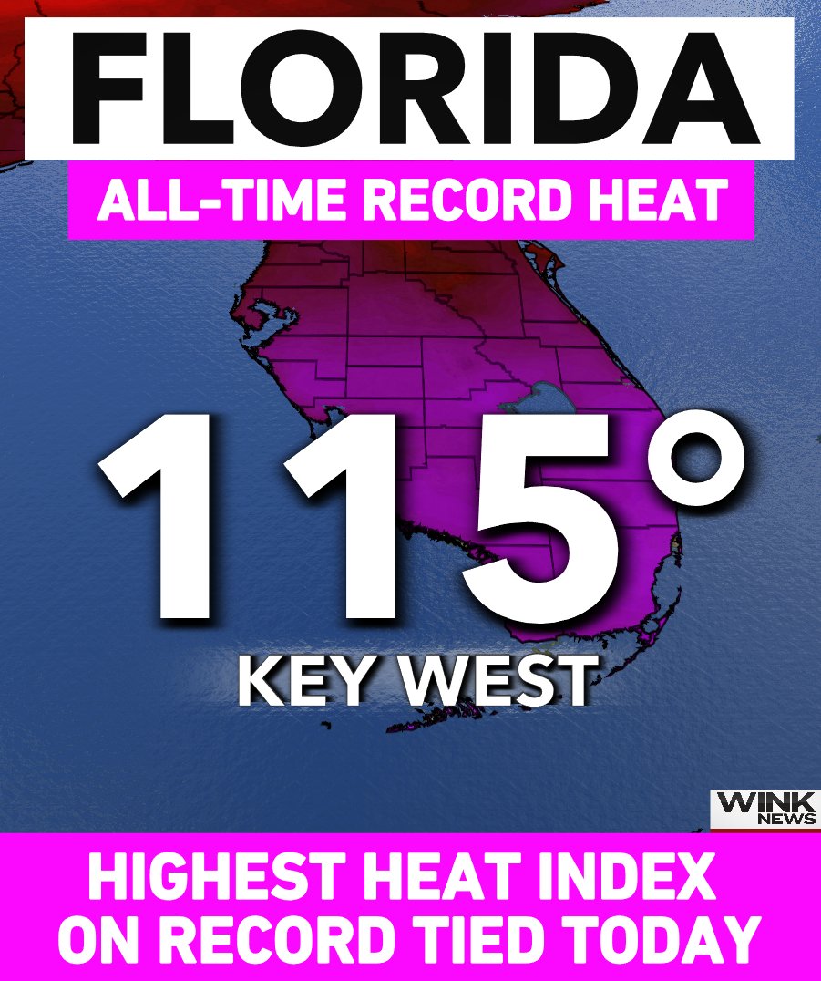 WOW! Key West just tied their all-time highest heat index today of 115°...in May. Brutal combination of heat and humidity. 🔥🥵 @WINKNews