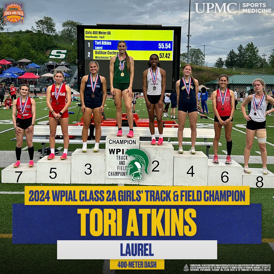 𝟐𝟎𝟐𝟒 𝐖𝐏𝐈𝐀𝐋 / <a href="/UPMCSportsMed/">UPMC Sports Medicine</a> 𝐂𝐥𝐚𝐬𝐬 𝟐𝐀 𝐆𝐢𝐫𝐥𝐬' 𝐓𝐫𝐚𝐜𝐤 &amp; 𝐅𝐢𝐞𝐥𝐝 𝐂𝐡𝐚𝐦𝐩𝐢𝐨𝐧 - 𝟒𝟎𝟎-𝐌𝐞𝐭𝐞𝐫 𝐃𝐚𝐬𝐡

🥇 Tori Atkins, Laurel - 55.54 [WPIAL record]
🥈 DaShae Cochran, <a href="/wt_news/">Winchester Thurston School</a> - 57.42
🥉 Peyton Mormon, <a href="/BurgettstownA/">Burgettstown Athletics</a> - 57.78

#WPIAL | 🎽🏆