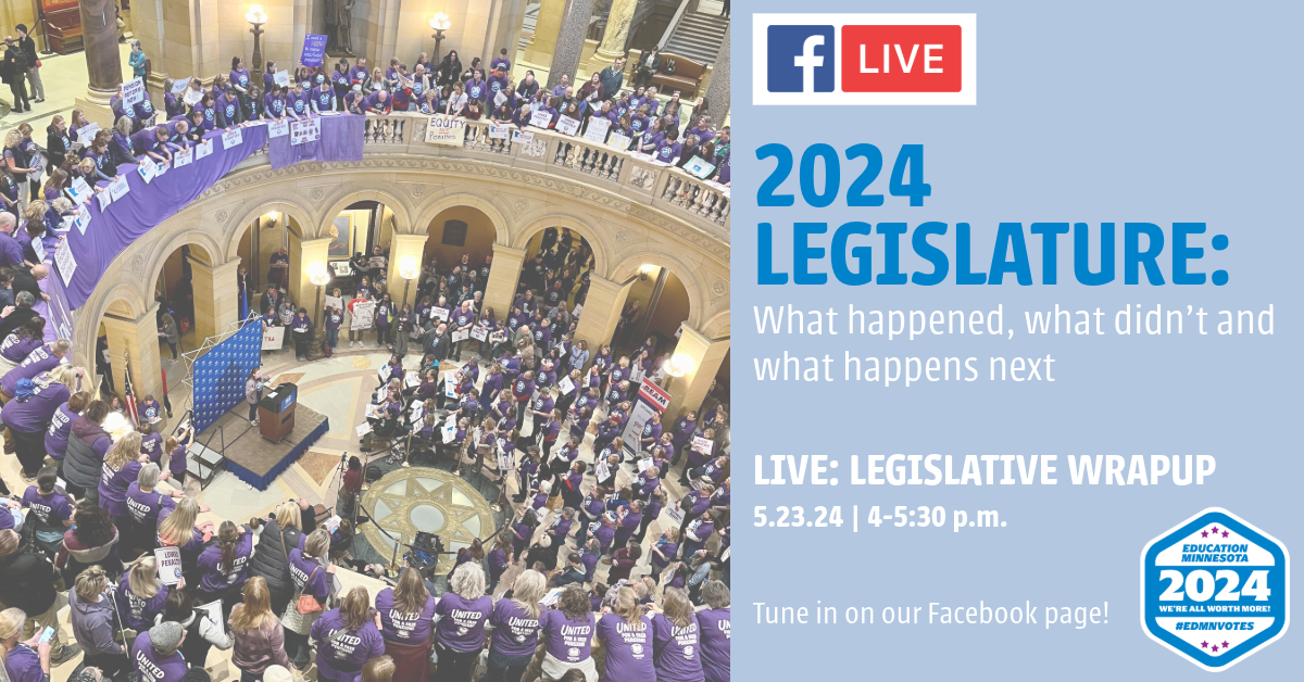 Join us next Thursday for a live wrap-up of the 2024 legislative session: what happened, what didn't and what's next. Tune in at 4 p.m. on our Facebook page! #mnleg #edmnvotes