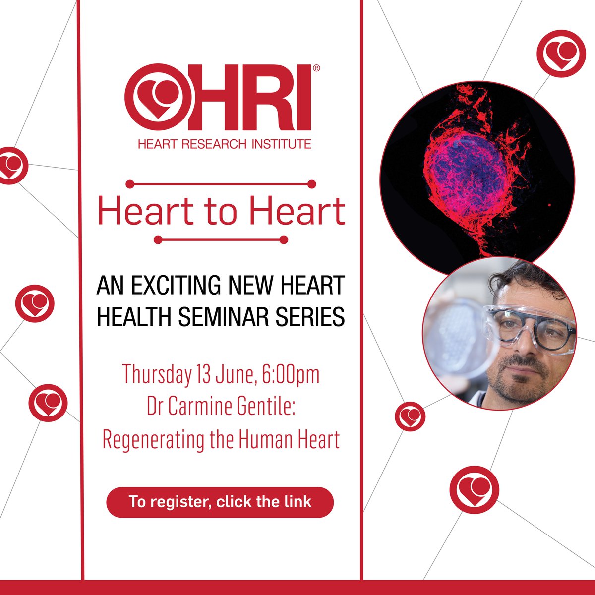 HRI is excited to invite you to attend our new heart health seminar series: 'Heart to Heart'. Our first seminar will be held on June 13 and will shine a spotlight on the work of Dr Carmine Gentile @carmine_3Dheart and his team. Register here: bit.ly/4dAwTgQ