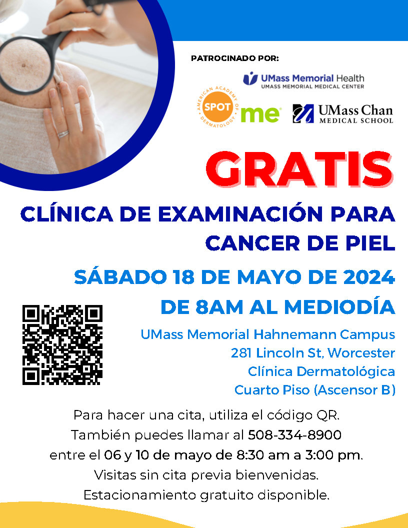 This weekend! FREE #SkinCancer Screening Clinic! Saturday, May 18,2024; 8am-12pm! 

CLÍNICA DE EXAMINACIÓN PARA CANCER DE PIE, SÁBADO 18 DE MAYO DE 2024, DE 8AM AL MEDIODÍA.
#WorcesterMA