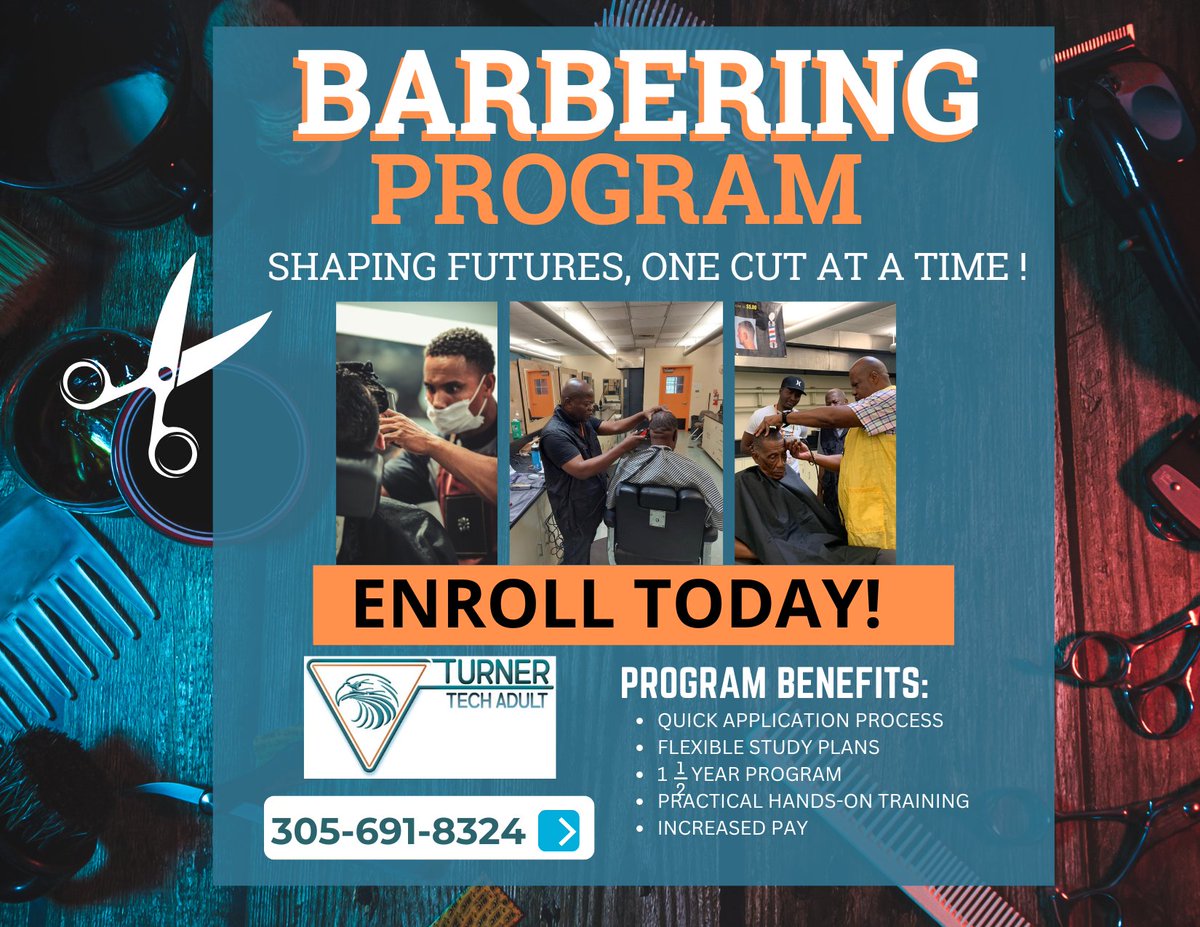 Boost your pay with specialized barbering skills! Turner Tech Adult offers a comprehensive program. Enroll today and change your future! #Barbering #CareerAdvancement #TurnerTechAdult@SuptDotres @mantilla1776 @fox1914 @DrAThomasDupree @susymauri @ACEofFlorida #yourbestchoicemdcps