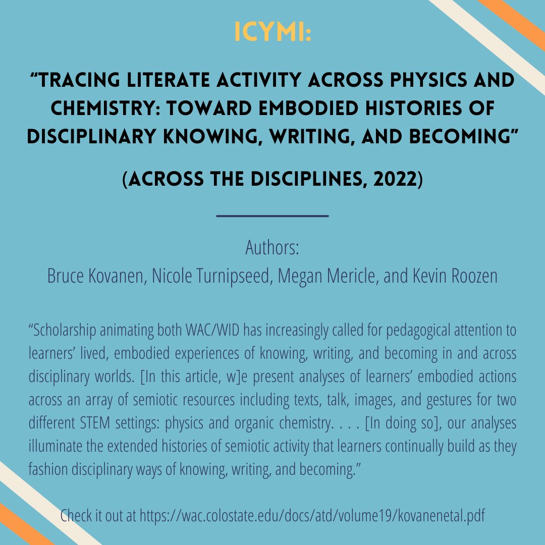 ICYMI: Spotlighting excellent WAC/WID work!

Be sure to check out: “Tracing Literate Activity across Physics and Chemistry: Toward Embodied Histories of Disciplinary Knowing, Writing, and Becoming" (2022) in Across the Disciplines

1/2