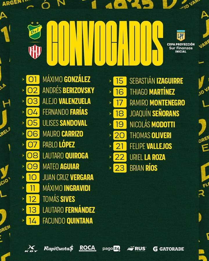 #CopaProyeccionSurFinanzas

Los 23 citados por Sergio Bustos para enfrentar mañana a Unión por la #Fecha12 de la copa de reserva de la Liga Profesional de Fútbol 

#VamosDefe 💚💛💚